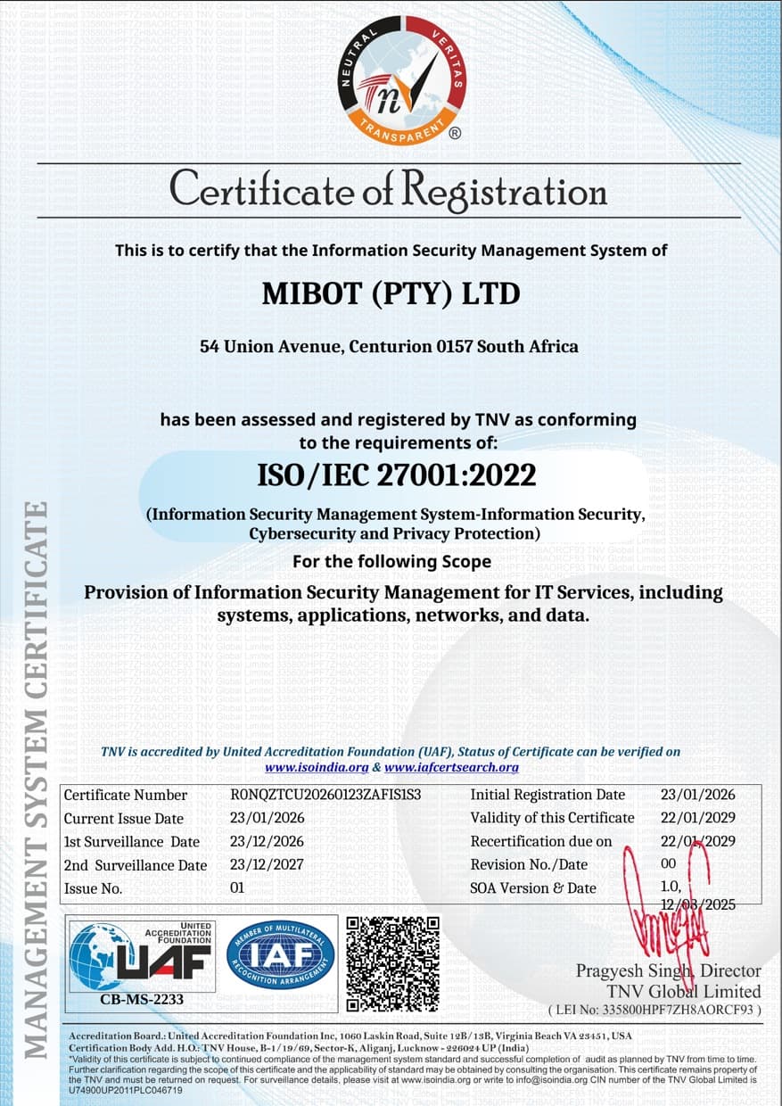 ISO/IEC 27001:2022 Certificate of Registration for MIBOT (PTY) LTD, issued by TNV Global Limited